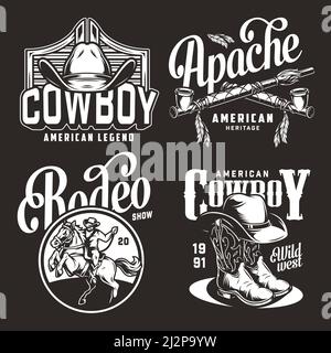 Monochrome Vintage-Drucke im Wilden Westen mit gekreuzten amerikanischen indischen Tabakkonsums Rohre Cowboy Hüte Stiefel Reiter und Pferd isoliert Vektor Illustration Stock Vektor