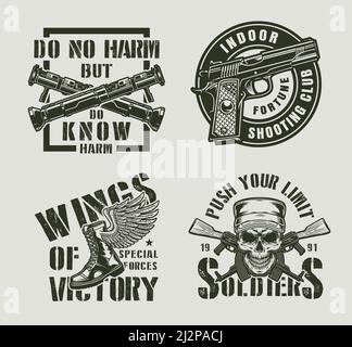 Vintage monochrome Militär-Labels mit gekreuzten Bazookas Handfeuerwaffe geflügelte Armee Boot Soldat Schädel und Sturmgewehre isoliert Vektor-Illustration Stock Vektor