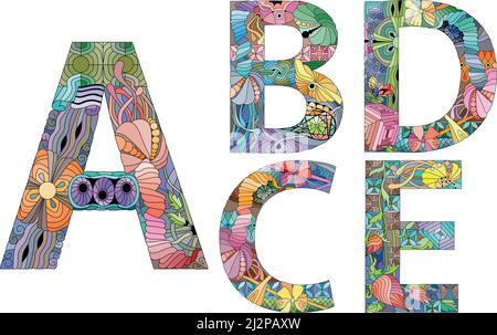 Handgemaltes Kunstdesign. Bunte handgezeichnete Illustration Alphabet. Teil 1 Stock Vektor