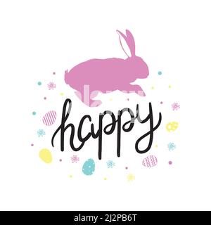 Frohe Ostern Grußkarte mit kalligraphischer Inschrift und Eiern. Frohe Ostern-Schriftzüge. Handgezeichnete osterelemente kränzen Eier im weißen Backgrou Stock Vektor