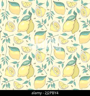 Hintergrund frischer Zitronen, handgezeichnete Symbole. Doodle Wallpaper Vektor. Farbenfrohes Nahtloses Muster mit Fresh Fruits Kollektion. Dekorative Abbildung, g Stock Vektor