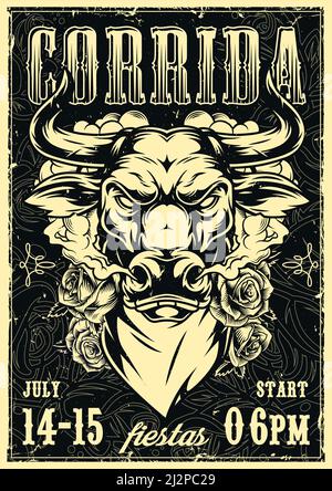 Corrida Vintage Vorlage mit wildem Stierkopf im Schal und Verschiedene Beschriftungen in monochromer Vektorgrafik Stock Vektor