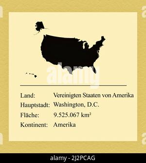 Umrisse der Vereinigten Staaten von Amerika, darunter ein kleiner Steckbrief mit Ländernamen, Hauptstadt, Fläche und Kontinent Stockfoto