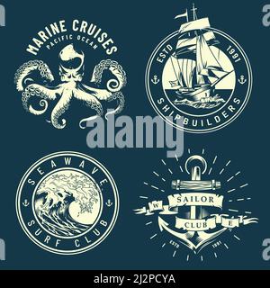 Vintage Marine und nautische Logos mit Oktopus Meereswellen Anker Schiff im monochromen Stil isoliert Vektor-Illustration Stock Vektor