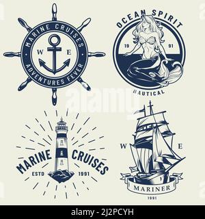 Vintage monochrome nautische Logos mit Schiffsrad Meerjungfrau Leuchtturm gesetzt Isolierte Vektordarstellung Stock Vektor