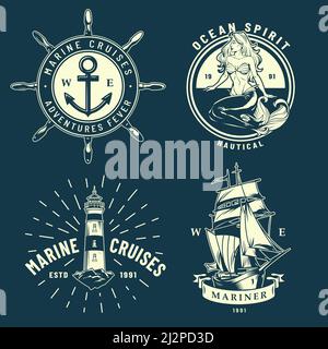 Vintage maritime und Meer Embleme Set mit Ankerschiff Rad meerjungfrau Leuchtturm auf blauem Hintergrund isoliert Vektor-Illustration Stock Vektor