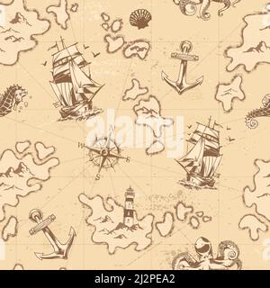 Vintage nautische nahtlose Muster mit Schiff Seepferdchen Oktopus Anker Leuchtturm seashell Navigationskompass Vektor Illustration Stock Vektor