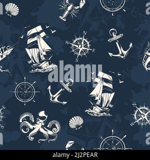 Vintage Meer und nautische nahtlose Muster mit Segelschiff Navigation Kompass Rad Krake Hummer Schwertfisch auf dunkelblauen Hintergrund Vektor illust Stock Vektor