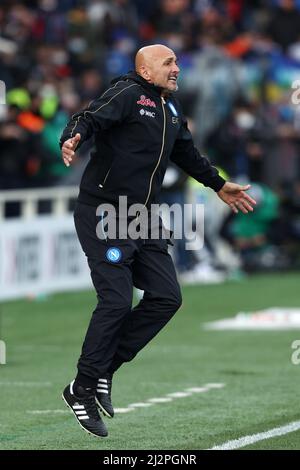 Bergamo, Italien. 03. April 2022. Luciano Spalletti (SSC Napoli) Gesten während Atalanta BC vs SSC Napoli, italienische Fußballserie A Spiel in Bergamo, Italien, April 03 2022 Quelle: Independent Photo Agency/Alamy Live News Stockfoto