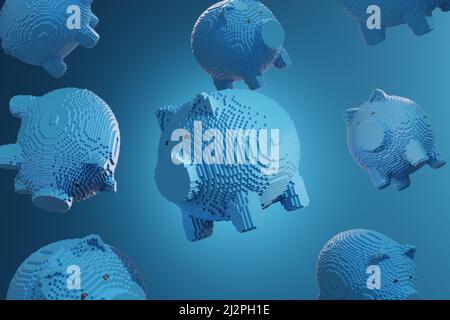Blaue Sparschweine aus Würfeln. 3D Abbildung. Stockfoto