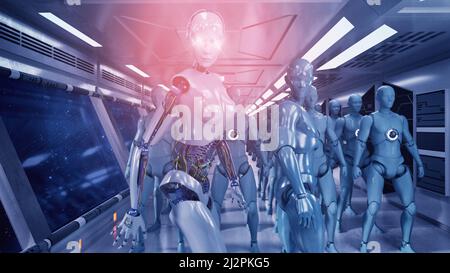 3D-Rendering. Humanoide Figuren und Sicifi-Szene Stockfoto