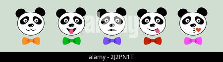 Set niedlichen Panda Gesicht trägt bunte Fliege, Satz von Tier-Emoticons. Emoji-Symbole. Social Media Emoticon Lächeln. Haustier Tier im Cartoon-Stil. Lustig Stock Vektor