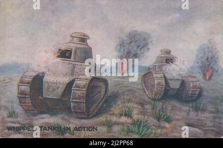 "Whippet-Panzer in Aktion": Postkarte aus dem Ersten Weltkrieg, die die Sicht eines Künstlers auf britische Panzer im Kampf an der Westfront zeigt Stockfoto