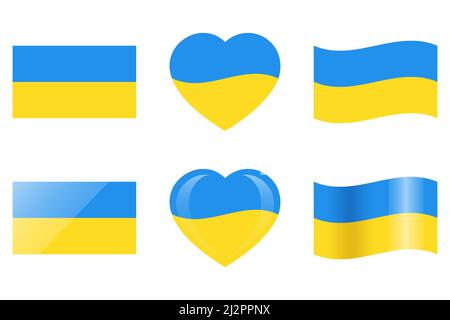 Ukrainisches Flaggensymbol. Nationales Symbol der Ukraine. Quadratisch, herzförmig und winkende Flagge der Ukraine. Blaue und gelbe Abbildung. Vektorsymbole isolieren Stock Vektor
