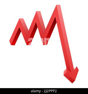 Roter Pfeil nach unten zeigt Krise. Symbol für Diagramm nach unten. Realistische 3D-Vektor-Illustration isoliert auf weißem Hintergrund Stock Vektor
