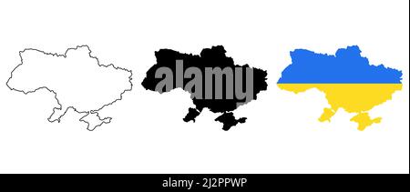 Karte der Ukraine. Geographische Grenzen der Ukraine. Haben 3 Versionen, Blank Black Silhouette, schwarze dünne Linie Version und Farbe der Land Flagge Version. I Stock Vektor
