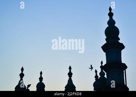 Kalkutta, Indien. 03. April 2022. Während des Fastenmonats Ramadan in Kalkutta fliegt ein Vogel vor einer Moschee. (Foto von Sudipta das/Pacific Press) Quelle: Pacific Press Media Production Corp./Alamy Live News Stockfoto