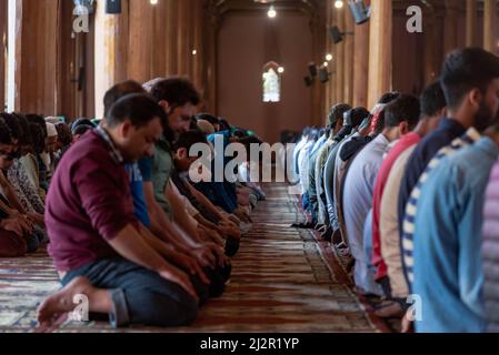 Srinagar, Indien. 03. April 2022. Muslimische Gläubige aus Kaschmir bieten am ersten Ramadan-Tag Mittagsgebete an. Der heiligste Monat des Islam Ramadan ist eine Zeit des intensiven Gebets, des Fastens von Sonnenaufgang bis Sonnenuntergang und der nächtlichen Feste. (Foto von Idrees Abbas/SOPA Images/Sipa USA) Quelle: SIPA USA/Alamy Live News Stockfoto