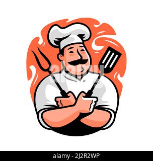 Koch mit Gabel und Spachtel für Grill-Logo. Grillgut-Emblem. Cartoon Charakter Vektor Illustration Stock Vektor