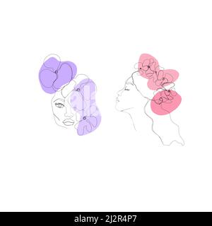 Set Line Art Design: Abstraktes Poster mit minimalem weiblichen Gesicht mit Blumen. Zeichnungsstil mit einer Linie Stockfoto