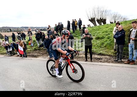 Belgien. 3.. April 2022, Belgien. Die Flandern-Rundfahrt 2022 von Antwerpen (Antwerpen) nach Oudenaarde. Magnus Sheffield für das Team Ineos Grenediers am hinteren Ende des Feldes, nachdem er früh in der Etappe zusammengestoßen war. Kredit: Peter Goding/Alamy Live Nachrichten Stockfoto