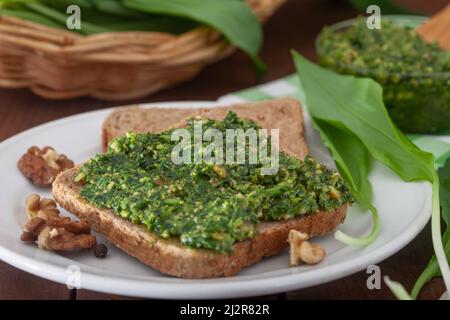 Wilder Lauch-Pesto mit Olivenöl und Walnüssen auf einem Holztisch. Verteilen und Blätter von frischem Ramson. Gesundes veganes Brotaufstrich zum Frühstück. Stockfoto