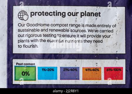 Etikett auf torffreiem Kompost, GoodHome Kompost aus nachhaltigen und erneuerbaren Quellen, Großbritannien Stockfoto
