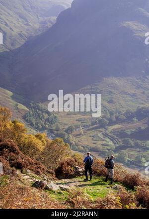 Wanderer wandern am Lingy End über Stonethwaite und Green Up und den Langstrath Lake District National Park Cumbria England Stockfoto