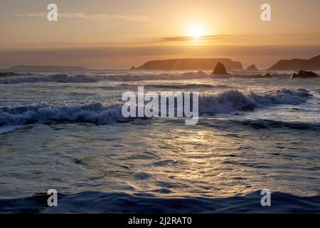 Wunderschöner Sonnenuntergang im Spätsommer, Blick auf das irische Meer, Gateholm Island, Raggle Rocks und atemberaubende, vom Meer geformte Felsen, entlang von Marloes Sands (National Trust) Stockfoto