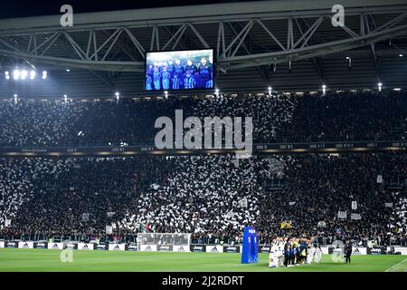 Turin, Italien. 03. April 2022. Eine allgemeine Ansicht des Stadions im Vorfeld des Fußballspiels der Serie A 2021/2022 zwischen dem FC Juventus und dem FC Internazionale im Juventus-Stadion in Turin (Italien), 3.. April 2022. Foto Andrea Staccioli/Insidefoto Kredit: Insidefoto srl/Alamy Live News Stockfoto