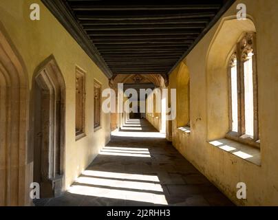 Der historische Kreuzgang, auch bekannt als der große Quad, am Magdalen College, University of Oxford UK. Durch das gotische Bogenfenster strömt Sonnenlicht hinein Stockfoto