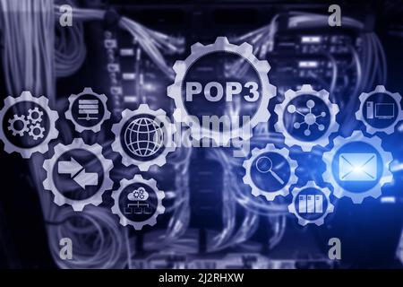 POP3. Post Office Protocol Version 3. Standard internet Protocol auf Datacenter Hintergrund. Stockfoto
