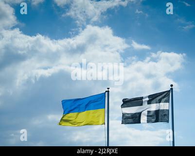 Die Flagge der Ukraine flyst neben der Flagge des kornischen Heiligen Piran gegen einen wolkig blauen Himmel. Menschen in Cornwall in Solidarität mit den Menschen in der Ukraine. Stockfoto