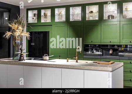 Moderne Küche mit grünem Schrank und weißer Arbeitsplatte. Stockfoto