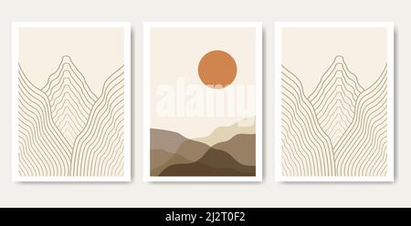 Abstrakte ästhetische Landschaftsplakate. Moderne Boho Hintergrund mit Sonne und Streifen Berge gesetzt Stock Vektor