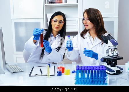 Zwei schöne junge Wissenschaftlerinnen, die im Labor mit Reagenzgläsern arbeiten und in der pharmazeutischen Industrie forschen Stockfoto