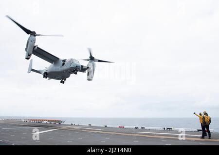 220401-N-XN177-1124 PAZIFISCHER OZEAN (1. April 2022) – ein an Marine Medium Tiltrotor Squadron (VMM) 362 angeschlossenes Flugzeug MV-22 Osprey startet vom Flugdeck des amphibischen Angriffsschiffs USS Tripoli (LHA 7), 1. April. Tripolis führt derzeit Routineoperationen in der US-Flotte von 3. durch. (USA Navy Foto von Mass Communication Specialist 1. Klasse Peter Burghart) Stockfoto