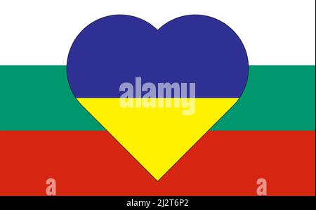 Ein Herz, das in den Farben der Flagge der Ukraine auf der Flagge Bulgariens gemalt ist. Darstellung eines blauen und gelben Herzens auf dem nationalen Symbol. Stock Vektor