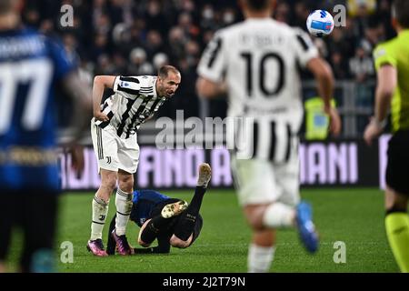 Torin, Italien. 03. April 2022. Giorgio Chiellini (Juventus) beim italienischen Spiel der Serie A zwischen Juventus 0-1 Inter im Allianz Stadium am 3. April 2022 in Turin, Italien. (Foto von Maurizio Borsari/AFLO Credit: Aflo Co. Ltd./Alamy Live News Stockfoto