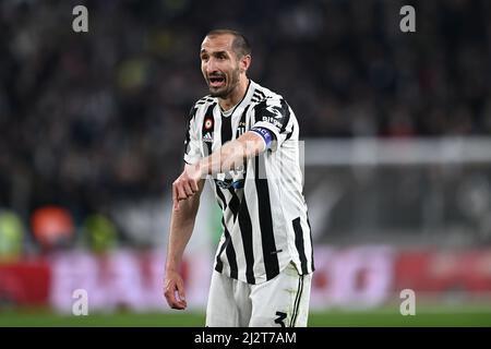Torin, Italien. 03. April 2022. Giorgio Chiellini (Juventus) beim italienischen Spiel der Serie A zwischen Juventus 0-1 Inter im Allianz Stadium am 3. April 2022 in Turin, Italien. (Foto von Maurizio Borsari/AFLO Credit: Aflo Co. Ltd./Alamy Live News Stockfoto