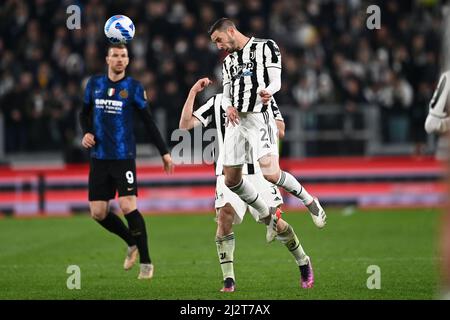 Torin, Italien. 03. April 2022. Mattia De Sciglio beim italienischen Spiel der Serie A zwischen Juventus 0-1 Inter im Allianz Stadium am 3. April 2022 in Turin, Italien. (Foto von Maurizio Borsari/AFLO Credit: Aflo Co. Ltd./Alamy Live News Stockfoto