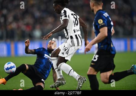 Torin, Italien. 03. April 2022. Moise Kean (Juventus) beim italienischen Spiel „Serie A“ zwischen Juventus 0-1 Inter im Allianz Stadium am 3. April 2022 in Turin, Italien. (Foto von Maurizio Borsari/AFLO Credit: Aflo Co. Ltd./Alamy Live News Stockfoto