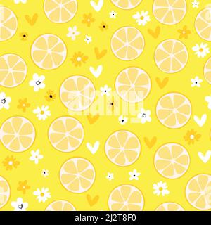 Sommer-Illustration mit Orangen und Zitronen. Seamlees-Muster mit bunten Früchten auf farbigem Hintergrund. Lebensmittelkonzept. Vorlagendesign für Einladung Stock Vektor