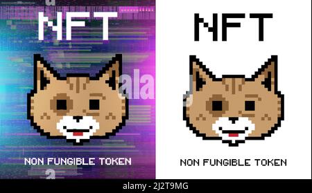 Crypto Art NFT-Token. Nicht fungibler Token. Niedliches Katzengesicht im Pixel-Stil Stock Vektor