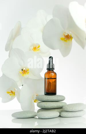 Massageöl und Steine.Braune Glasflasche mit Massageöl auf grauen Steinen und Orchideenblume auf weißem Hintergrund.Spa und Aromatherapie.Schönheit und Stockfoto