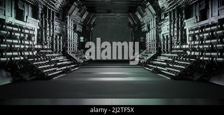 Ultramoderner dystopischer Hangar Phantom Grey Digital Futurism Concept 3D Illustration Stockfoto