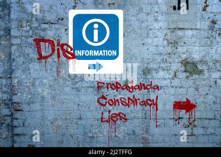 Desinformationsgraffiti auf Informationsschild, Propaganda, Verschwörung, an die Wand gemalte Lügen, Fehlinformationen, Fake News-Konzept. Stockfoto