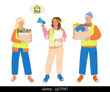 Freiwillige mit Spenden, Hilfe Neuansiedlung Freiwilligenarbeit Konzept. Hilfe für arme Flüchtlinge. Charity verschiedene junge Menschen, altruistische Aktivität Charakter. Skizzieren Cartoon Philanthropie, Freundlichkeit Stock Vektor