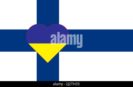 Ein Herz, das in den Farben der Flagge der Ukraine auf der Flagge Finnlands gemalt ist. Darstellung eines blauen und gelben Herzens auf dem nationalen Symbol. Stock Vektor