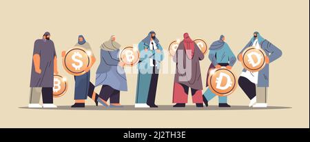 arabische Geschäftsleute, die an Finanzmondplattform-Investoren arbeiten Analysten, die Goldmünzen halten, investieren in die Börse Stock Vektor